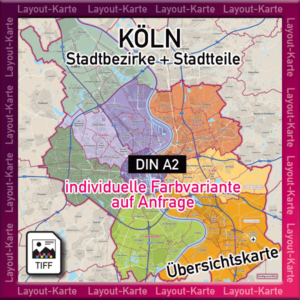 Köln Layout-Karte Stadtplan mit Stadtbezirken und Stadtteilen - DIN A2