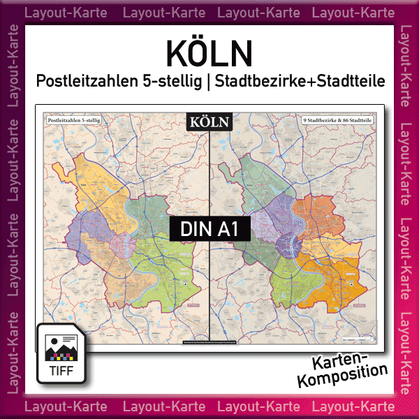 Köln Layout-Karte Karten-Komposition aus Postleitzahlen PLZ 5-stellig und Stadtbezirken + Stadtteilen – DIN A1 – Druckdatei TIFF zum selber Drucken