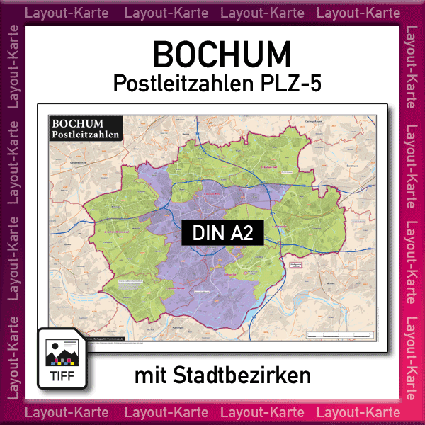 Bochum Layout-Karte Postleitzahlen PLZ 5-stellig Landkarte Stadtplan mit Stadtbezirken – DIN A2 – Druckdatei TIFF zum selber Drucken