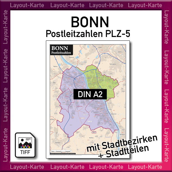 Bonn Layout-Karte Postleitzahlen PLZ 5-stellig Landkarte Stadtplan mit Stadtbezirken und Stadtteilen – DIN A2 – Druckdatei TIFF zum selber Drucken