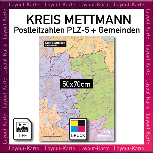 Kreis Mettmann Layout-Karte Postleitzahlen PLZ 5-stellig Landkarte Kreiskarte mit Gemeinden – 50x70cm – Druckdatei TIFF zum selber Drucken