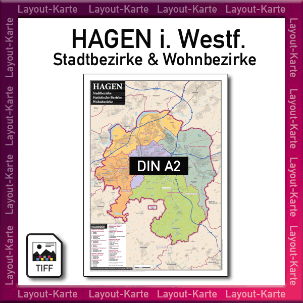 Hagen Layout-Karte Stadtbezirke Statistische Bezirke Wohnbezirke Landkarte Stadtplan – DIN A2 – Druckdatei TIFF zum selber Drucken