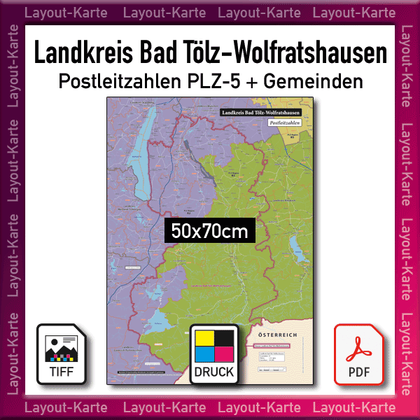 Karte Landkreis Bad Tölz-Wolfratshausen Postleitzahlen PLZ 5-stellig Gemeinden druckbar drucken download Wandkarte Plakat Layout-Karte Landkarte Übersichtskarte