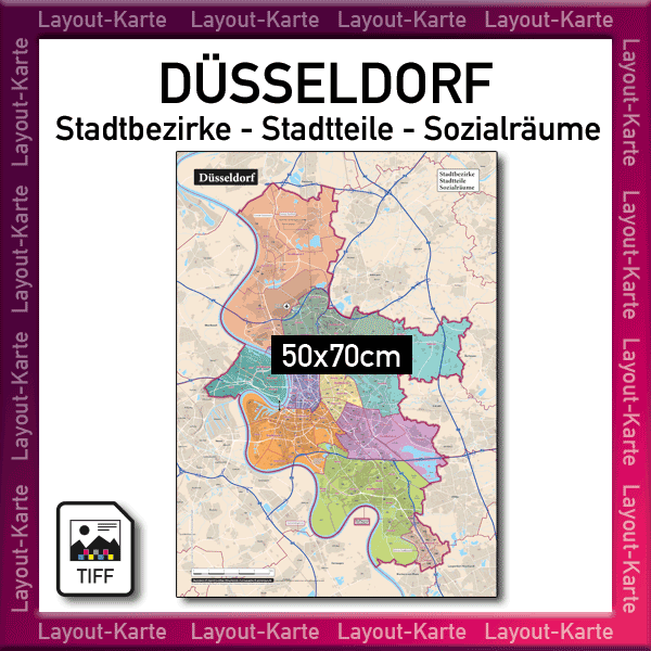 Düsseldorf Layout-Karte Stadtbezirke Stadtteile Sozialräume Landkarte Stadtplan Stadtkarte – 50x70cm – Druckdatei TIFF zum selber Drucken