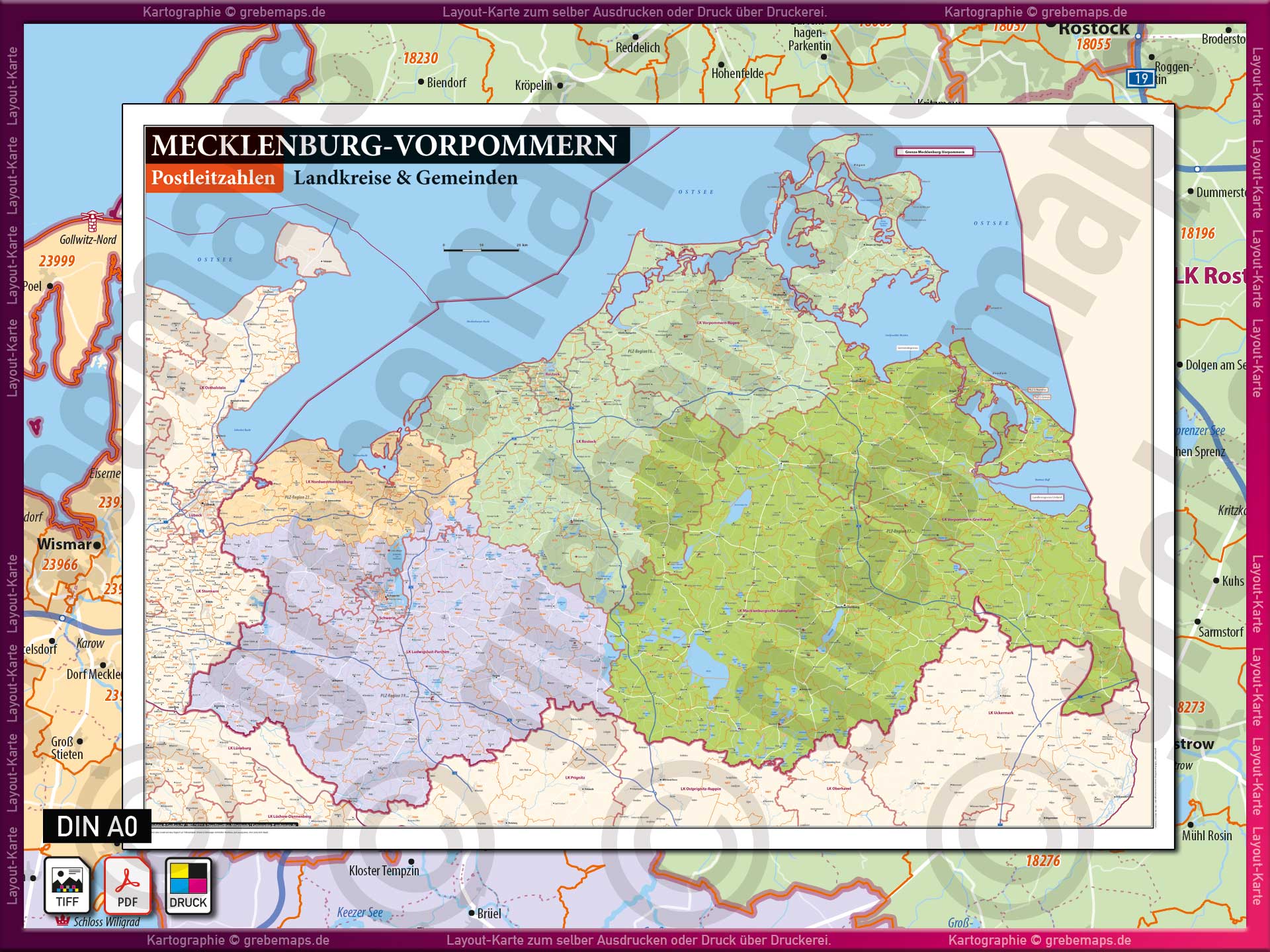 Karte Mecklenburg-Vorpommern Meck-Pom MV Landkarte Wandkarte Postleitzahlen PLZ 5-stellig Landkreise Gemeinden drucken ausdrucken Druckvorlage