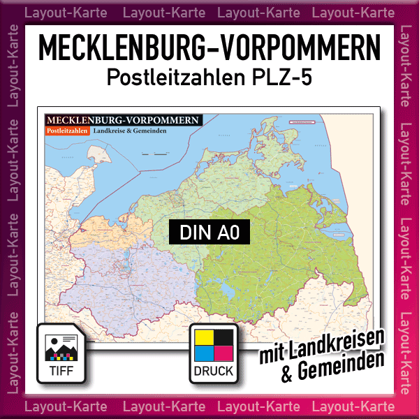 Karte Mecklenburg-Vorpommern Meck-Pom MV Landkarte Wandkarte Postleitzahlen PLZ 5-stellig Landkreise Gemeinden drucken ausdrucken Druckvorlage