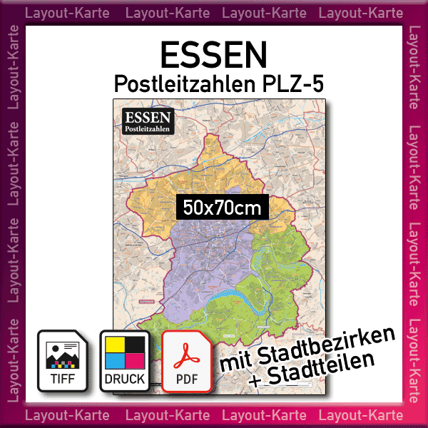 Stadtplan Stadtkarte Landkarte Karte Essen Stadt Postleitzahlen PLZ 5-stellig Stadtbezirke Stadtteile ausgewählte Straßennamen Format 50x70cm drucken download Übersichtskarte