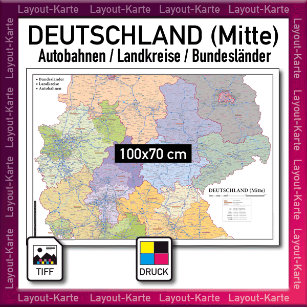 Landkarte Karte Deutschland Mitte Autobahnen Landkreise Bundesländer Regierungsbezirke download drucken druck Übersichtskarte Wandkarte