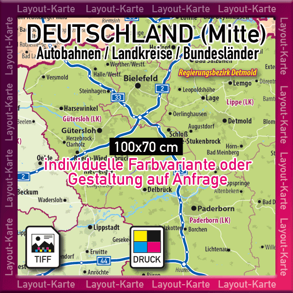 Landkarte Karte Deutschland Mitte Autobahnen Landkreise Bundesländer Regierungsbezirke download drucken druck Übersichtskarte Wandkarte