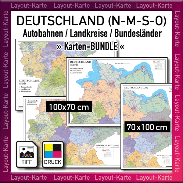 Karten-Bundle Deutschland Autobahnen Landkreise Bundesländer Nord Mitte Süd Ost Landkarte Wandkarte download druck drucken TIFF