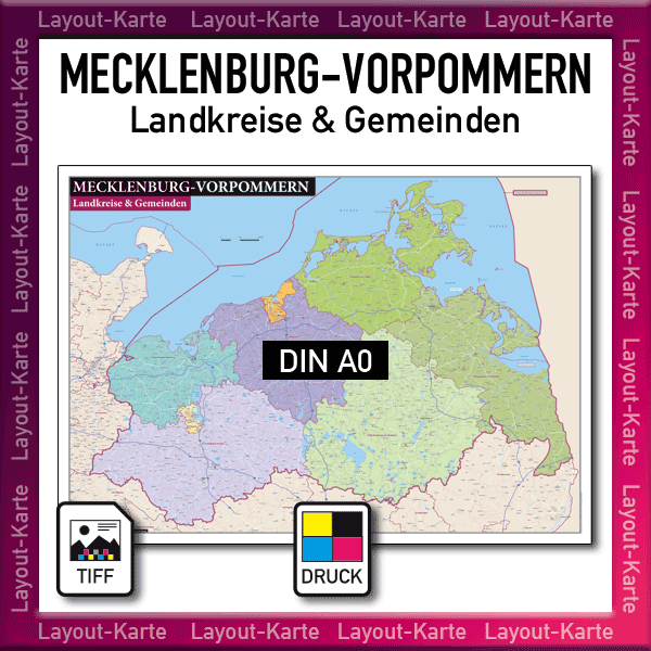 Karte Mecklenburg-Vorpommern Landkreise Gemeinden Landkarte Wandkarte Druckdatei drucken download MeckPom MV