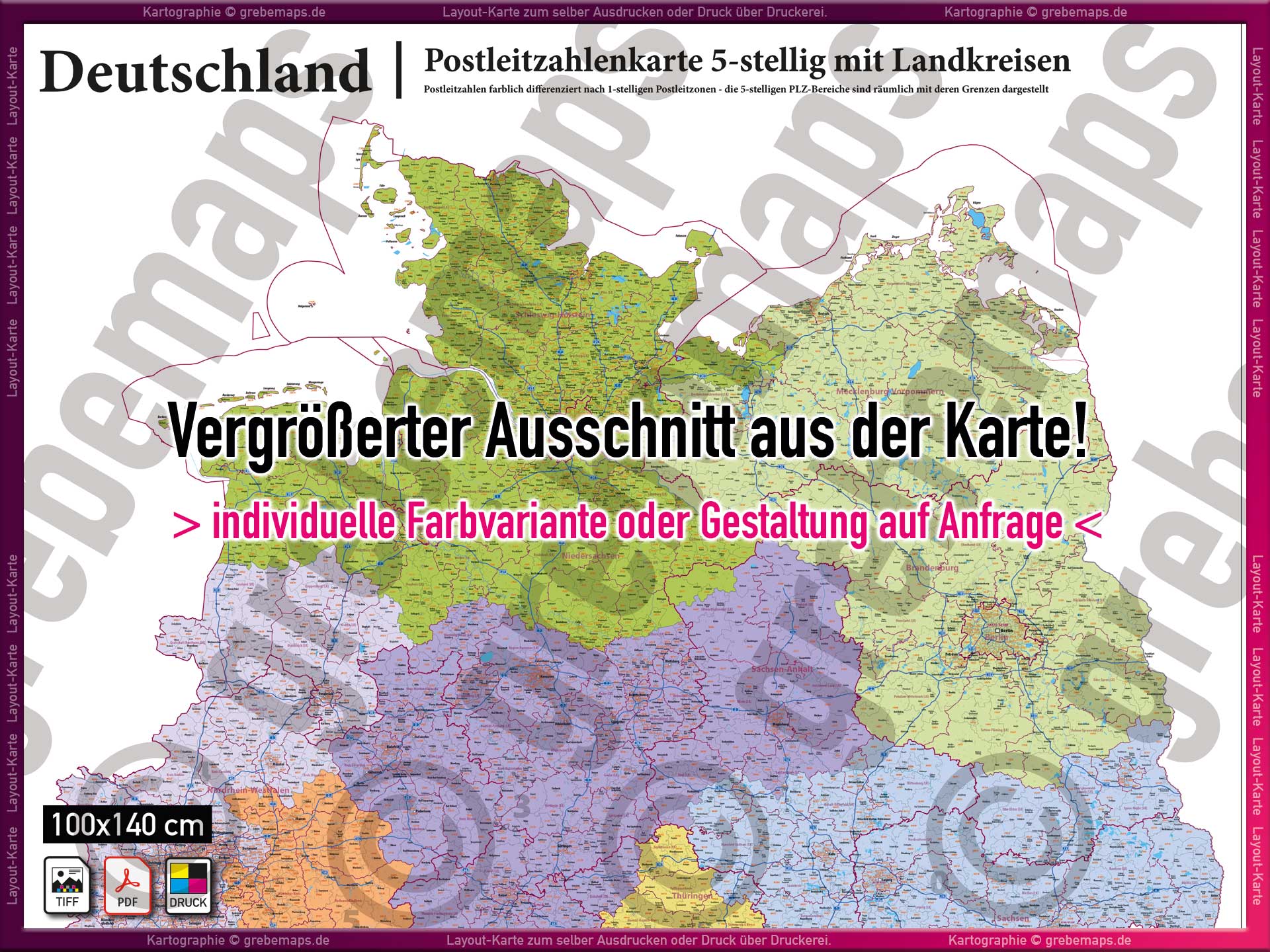 Postleitzahlenkarte Deutschland mit Landkreisen zum Ausdrucken als TIFF-Druckdatei farblich visuell differenziert nach PLZ-Zonen, Wandkarte, Landkarte, PLZ-Karte Deutschland 5-stellig, Landkreise, Bundesländer, drucken, druckbar