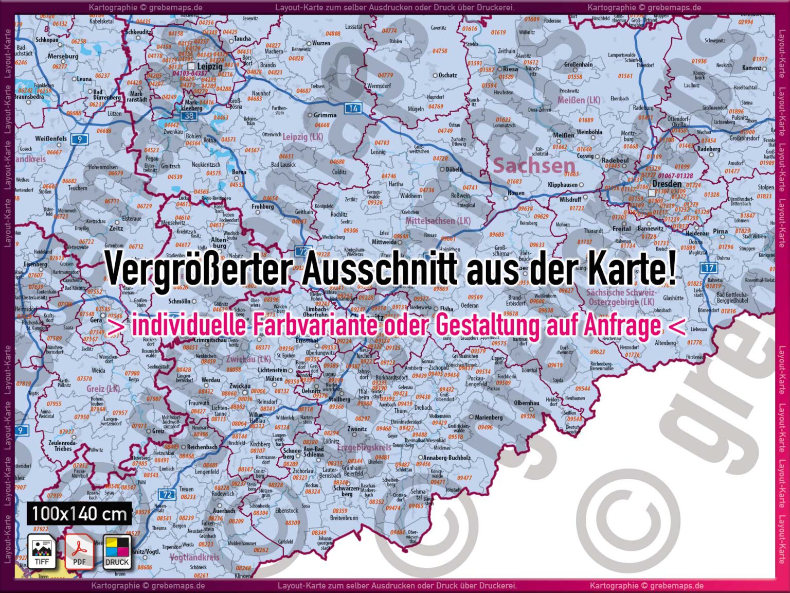 Deutschland Layout-Karte Postleitzahlenkarte PLZ 5-stellig Landkreise