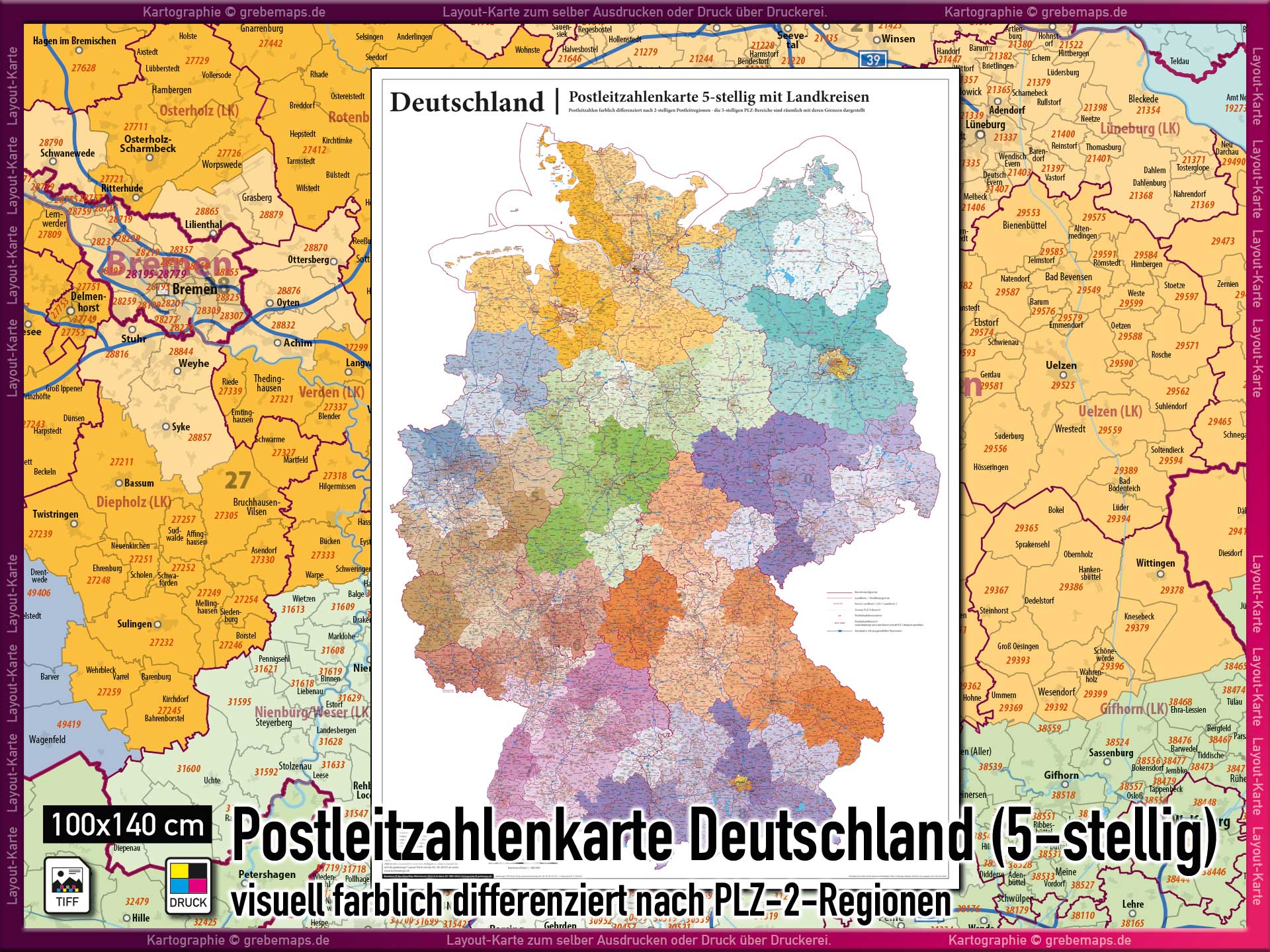 Karte Postleitzahlen Deutschland 5-stellig Postleitzahlenkarte PLZ-Karte Landkarte Wandkarte drucken Druckdatei Landkreise PLZ-2-Regionen mit PLZ-5-Flächen Layout-Karte