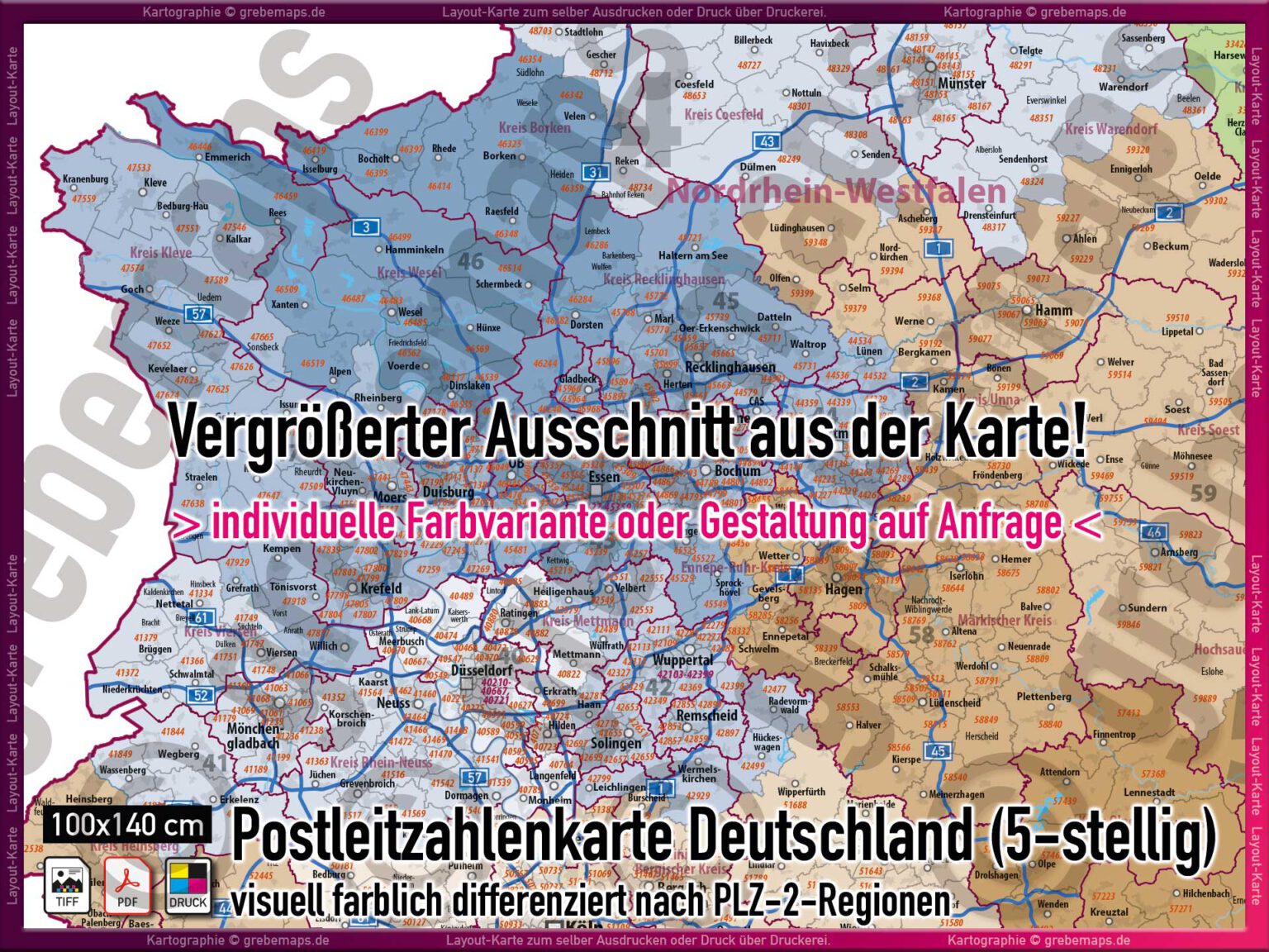 Deutschland Layout-Karte Postleitzahlenkarte PLZ 5-stellig nach PLZ-2