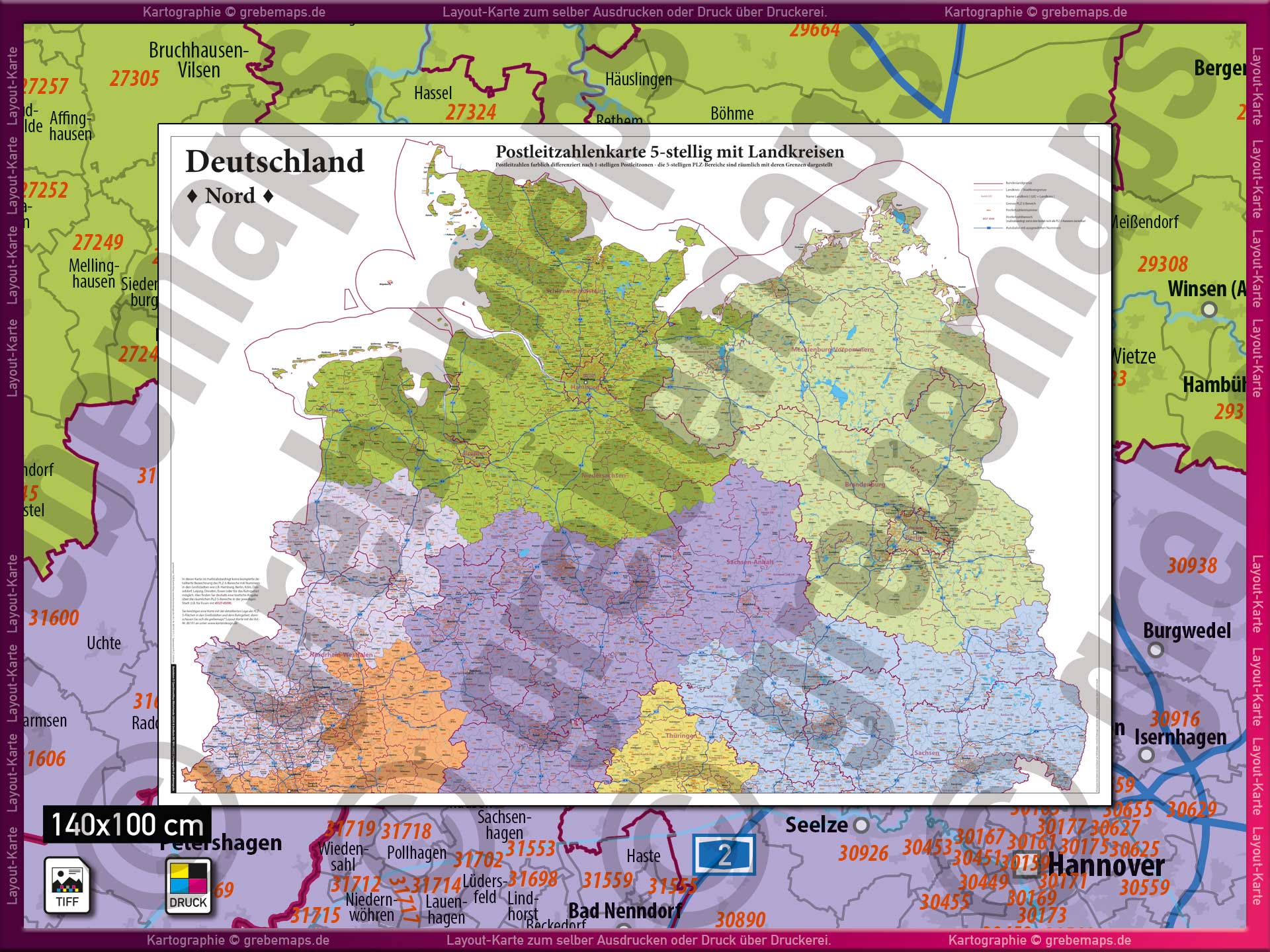 Karte Postleitzahlen Deutschland drucken download, Postleitzahlenkarte Deutschland PLZ-Karte 5-stellig, farblich differenziert nach PLZ-1-Zonen, download, Wandkarte, Landkarte