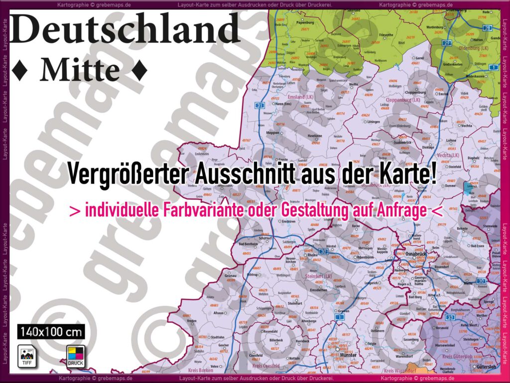 Deutschland (Mitte) Layout-Karte Postleitzahlenkarte PLZ 5-stellig