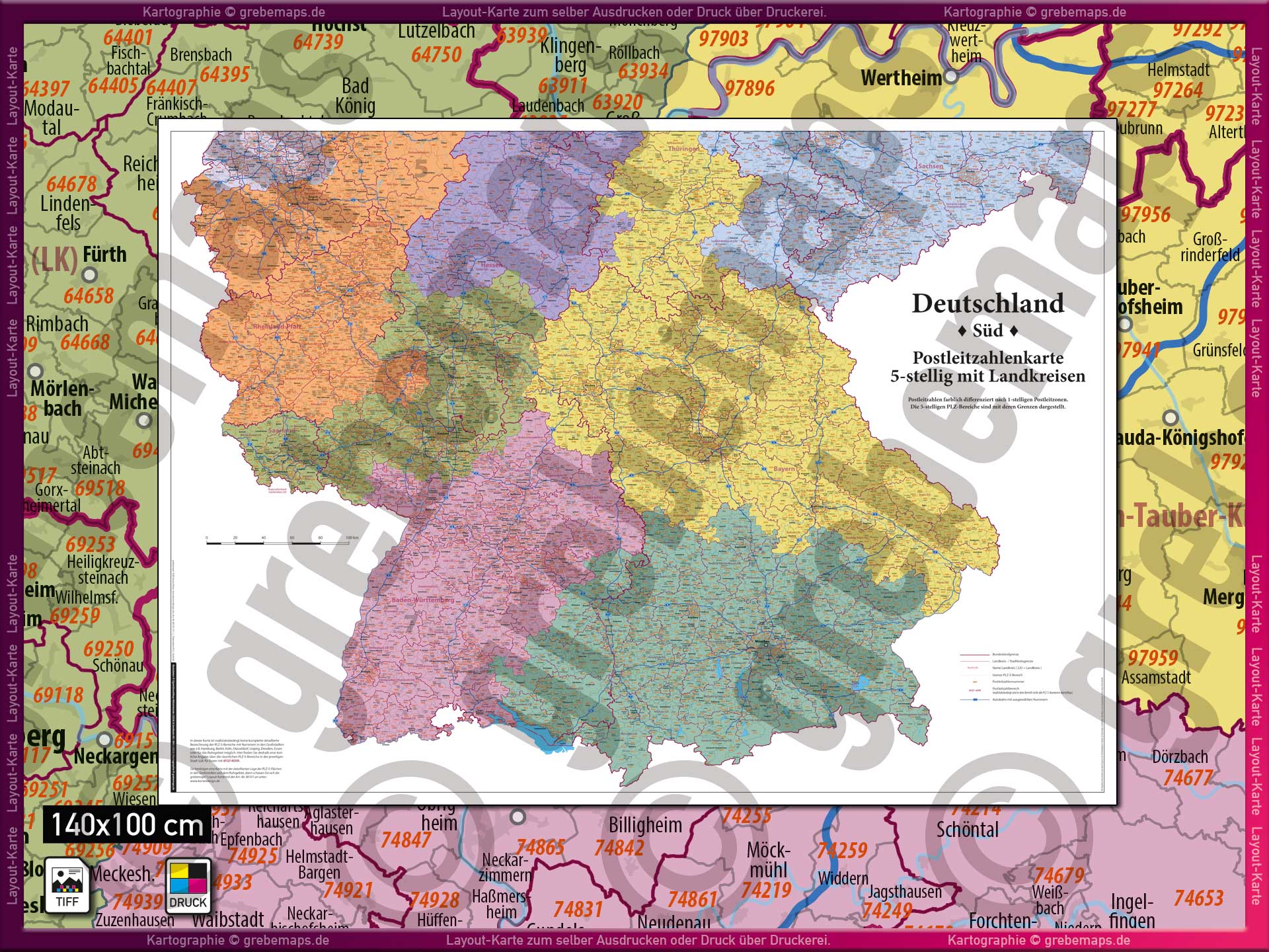 Karte Postleitzahlen Deutschland Süd mit Landkreisen, Postleitzahlenkarte Deutschland, PLZ-Karte Deutschland, Wandkarte, Landkarte, druckbare Karte, Druckdatei, download, Karte PLZ Deutschland, Karte PLZ-Bereiche Deutschland
