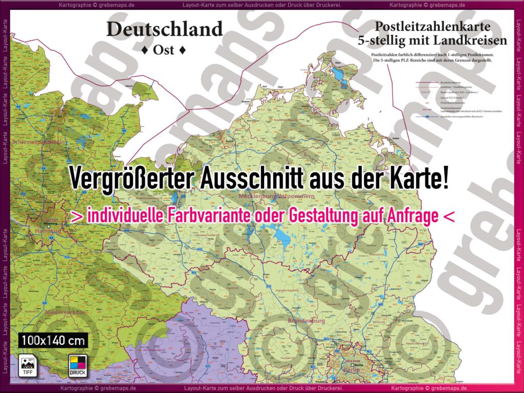 Deutschland (Os) Layout-Karte Postleitzahlenkarte PLZ 5-stellig Landkreise