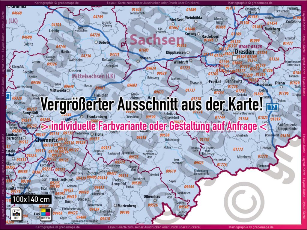 Deutschland (Os) Layout-Karte Postleitzahlenkarte PLZ 5-stellig Landkreise
