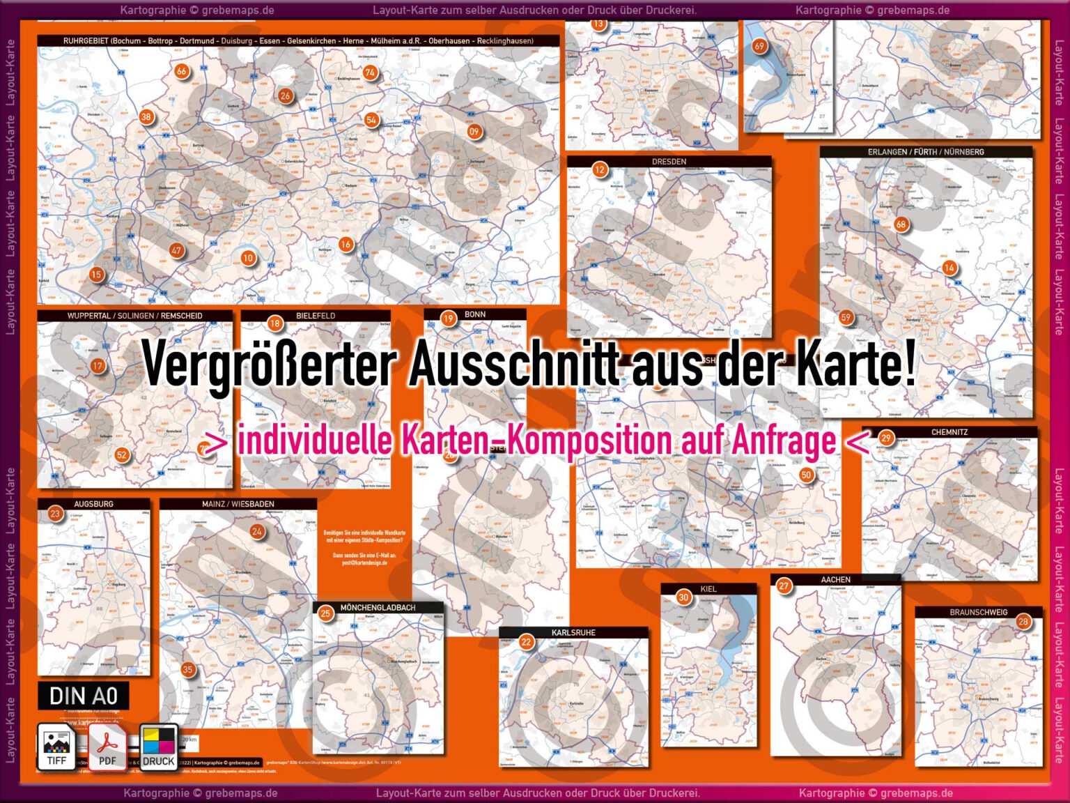 Deutschland Layout-Karte Postleitzahlenkarten zu 83 Großstädten PLZ 5