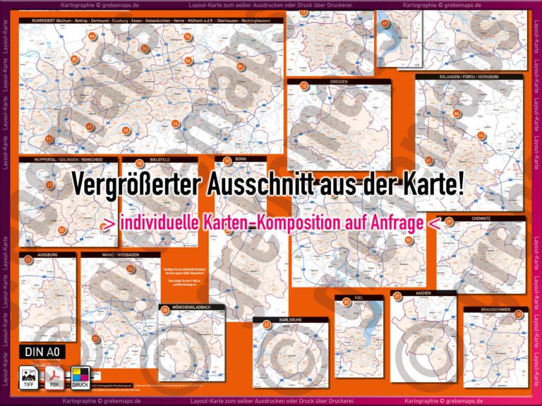 Deutschland Layout-Karte Postleitzahlenkarten zu 83 Großstädten PLZ 5