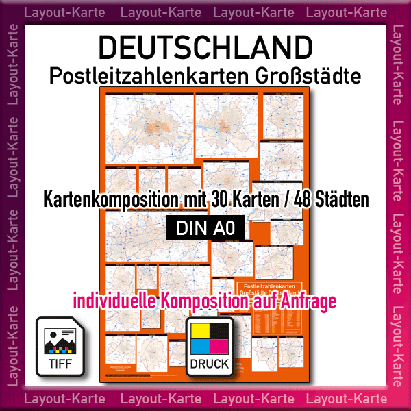 Postleitzahlenkarten Großstädte Städte Deutschland, PLZ-Karten Stadt Städte Deutschland, Karte PLZ-Bereiche, Karte PLZ-Gebiete Stadt, Stadtkarten mit PLZ, Karten-Komposition, drucken, Druck, Ausdruck, Wandkarte mit Postleitzahlen Städte Deutschland