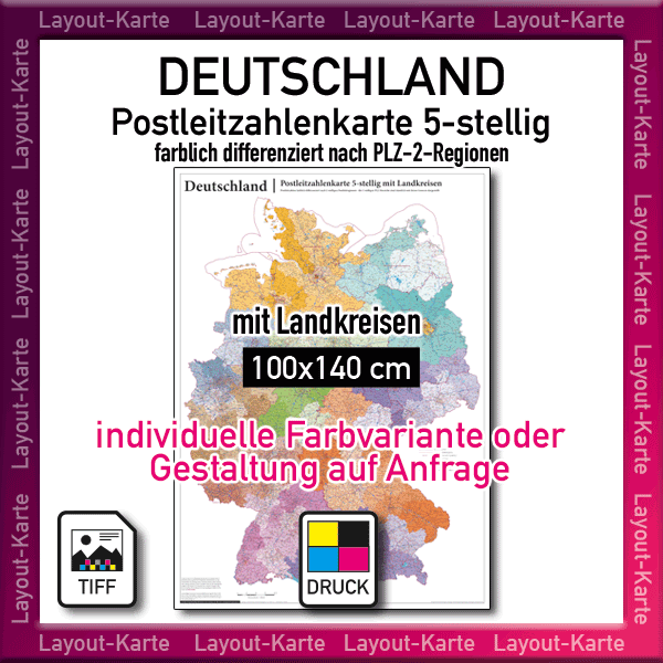 Karte Postleitzahlen Deutschland 5-stellig Postleitzahlenkarte PLZ-Karte Landkarte Wandkarte drucken Druckdatei Landkreise PLZ-2-Regionen mit PLZ-5-Flächen Layout-Karte