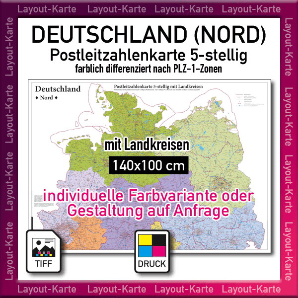 Karte Postleitzahlen Deutschland drucken download, Postleitzahlenkarte Deutschland PLZ-Karte 5-stellig, farblich differenziert nach PLZ-1-Zonen, download, Wandkarte, Landkarte