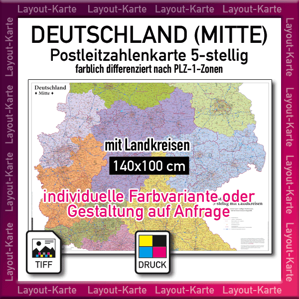 Postleitzahlenkarte Deutschland Mitte farblich differenziert nach PLZ-Zonen, Wandkarte, Landkarte, Karte Postleitzahlen Deutschland, drucken, druckbar, Druckdatei, mit Landkreisen, PLZ-Zonen 0 3 4 5 6