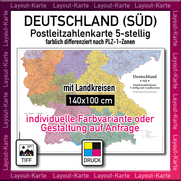Karte Postleitzahlen Deutschland Süd mit Landkreisen, Postleitzahlenkarte Deutschland, PLZ-Karte Deutschland, Wandkarte, Landkarte, druckbare Karte, Druckdatei, download, Karte PLZ Deutschland, Karte PLZ-Bereiche Deutschland