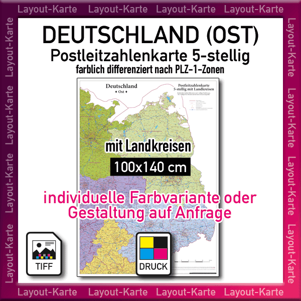 Karte Postleitzahlen Deutschland Ost mit Landkreisen, Postleitzahlenkarte Deutschland Ost, PLZ-Karte Deutschland Ost, Landkarte, Wandkarte, Druckdatei, drucken, download, Karte PLZ-Bereiche 5-stellig Deutschland Ost