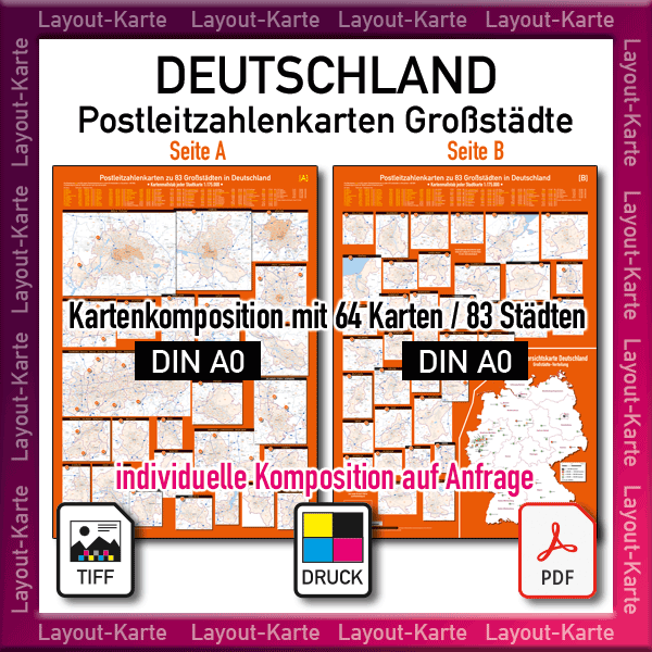 Postleitzahlenkarte Großstädte Deutschland Wandkarte PLZ-Karte Karte Postleitzahlen drucken Ausdruck TIFF-Datei PDF-Datei Wandkarte Landkarte Vektordaten download Druck
