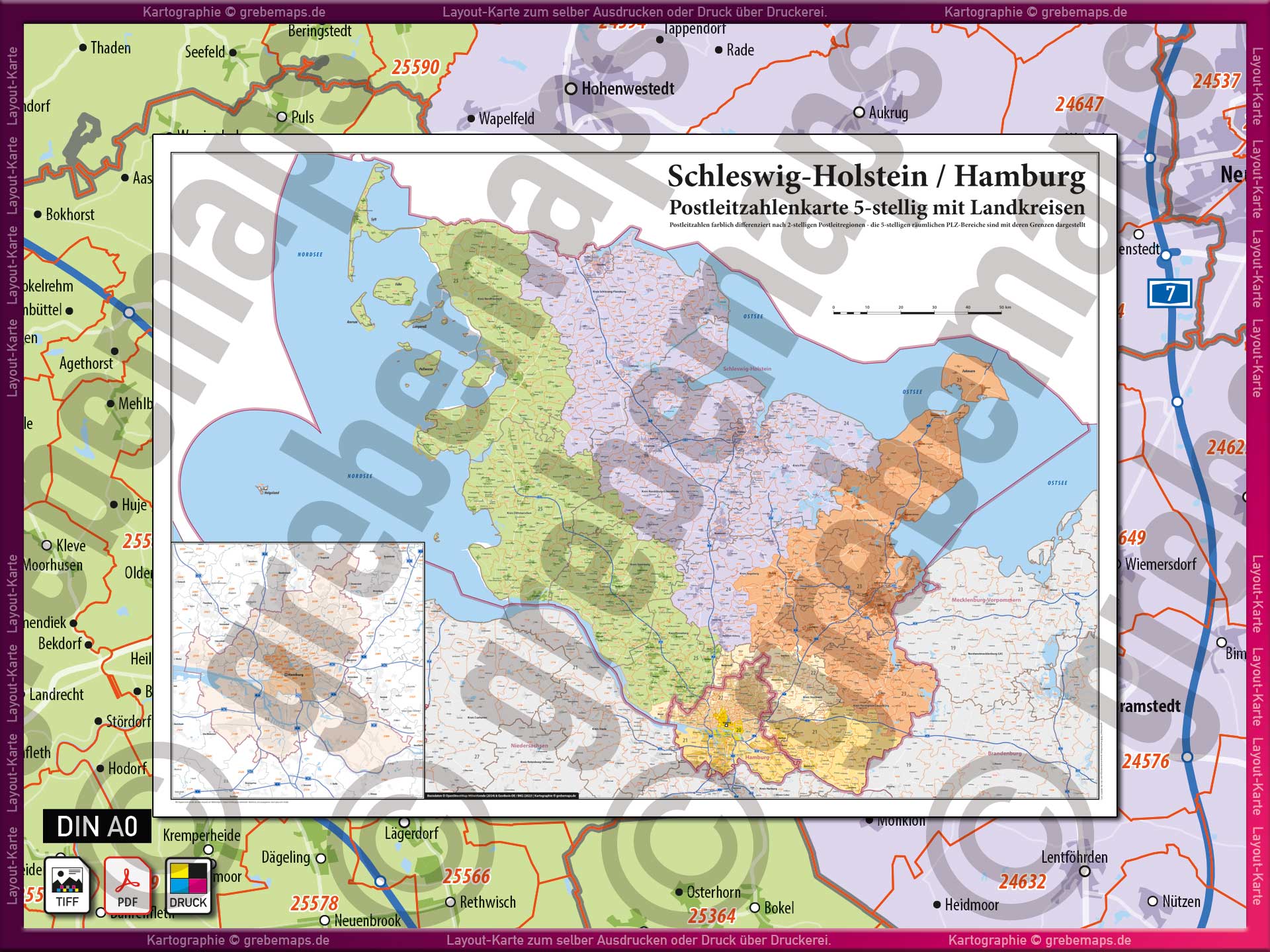 Karte Postleitzahlen Schleswig-Holstein Hamburg Landkarte Wandkarte zum selber Drucken PDF TIFF Vektordaten PLZ-Karte Schleswig-Holstein mit Landkreisen Gemeindenamen