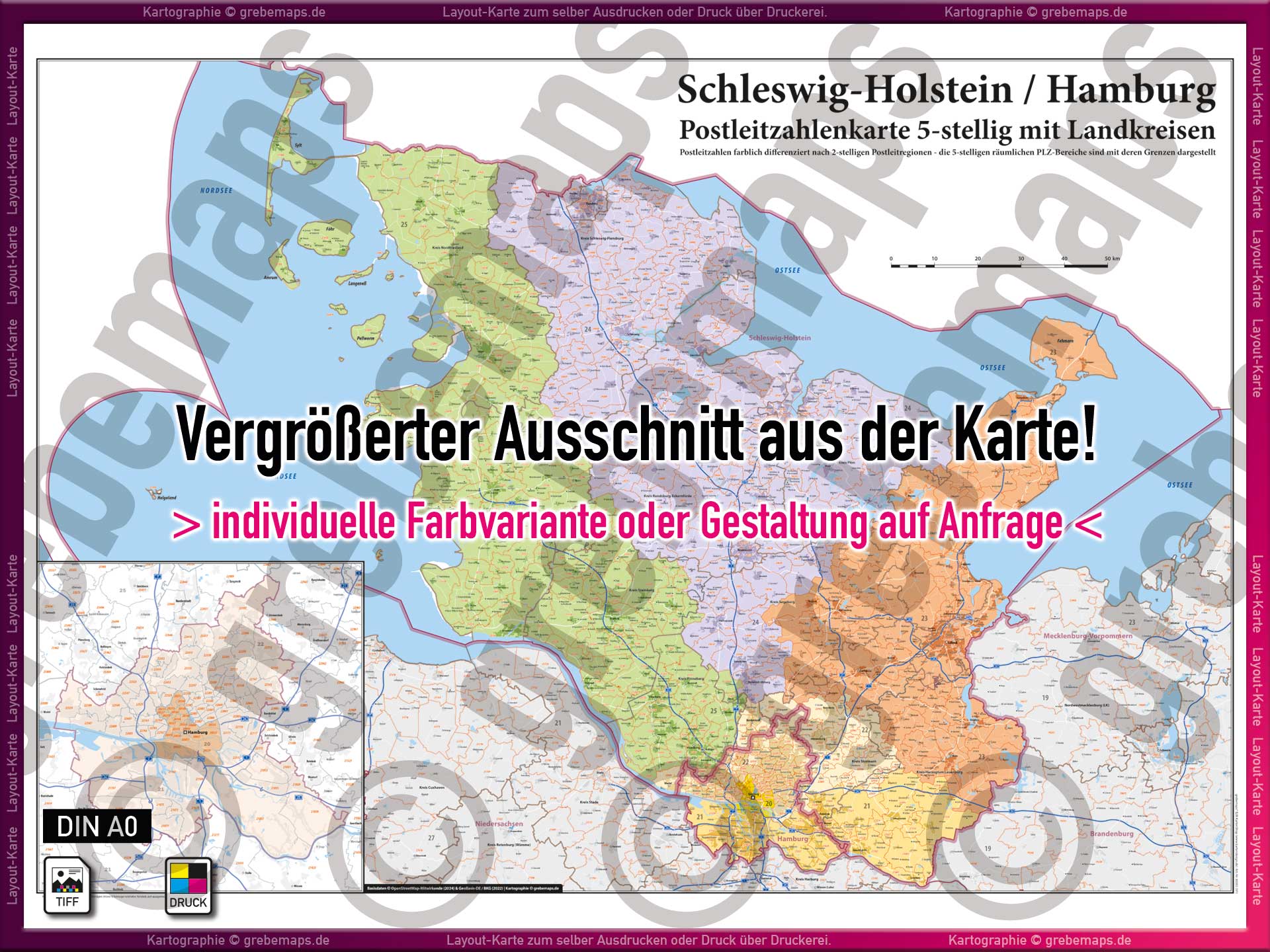 Karte Postleitzahlen Schleswig-Holstein Hamburg Landkarte Wandkarte zum selber Drucken PDF TIFF Vektordaten PLZ-Karte Schleswig-Holstein mit Landkreisen Gemeindenamen
