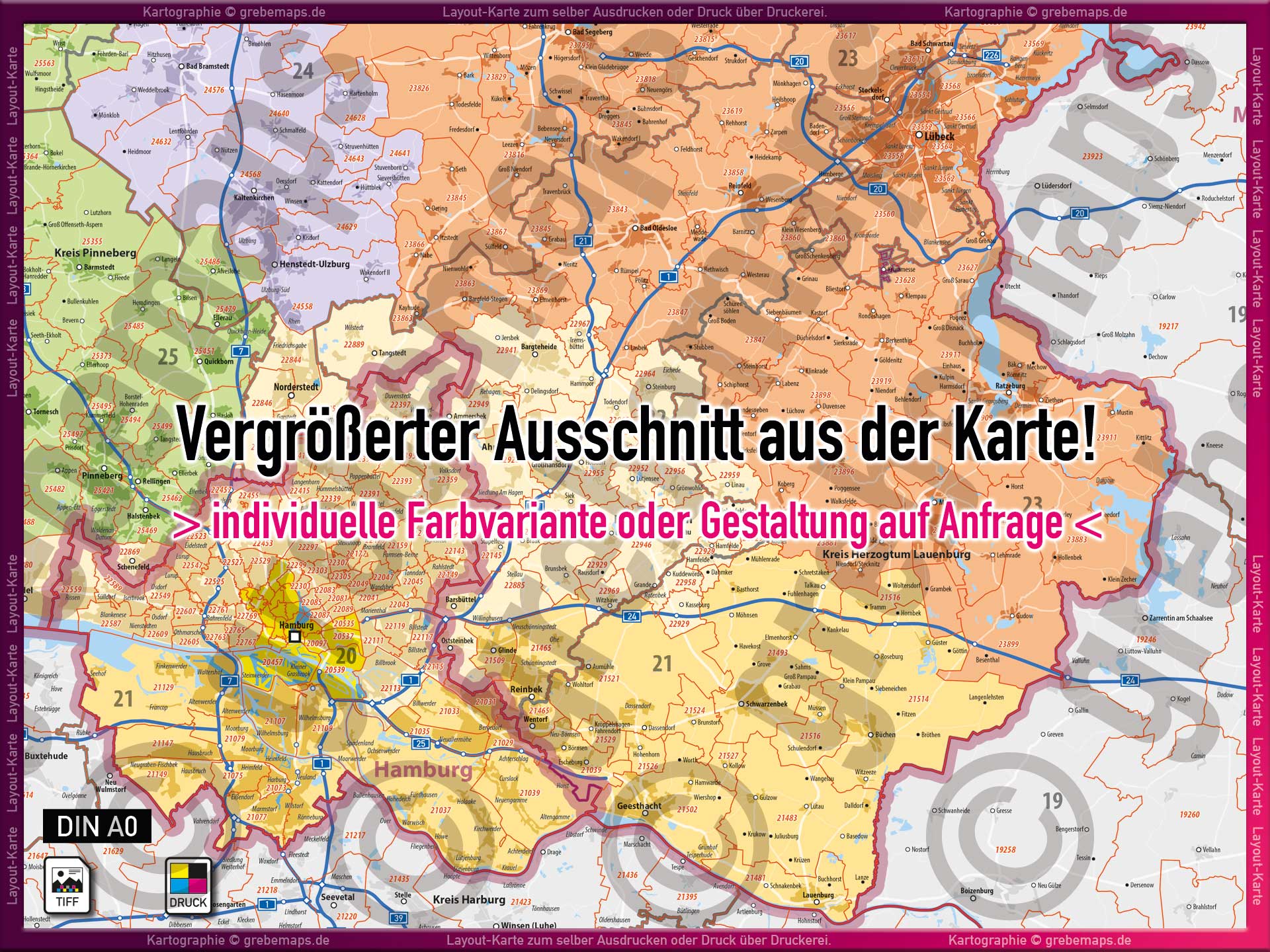 Karte Postleitzahlen Schleswig-Holstein Hamburg Landkarte Wandkarte zum selber Drucken PDF TIFF Vektordaten PLZ-Karte Schleswig-Holstein mit Landkreisen Gemeindenamen