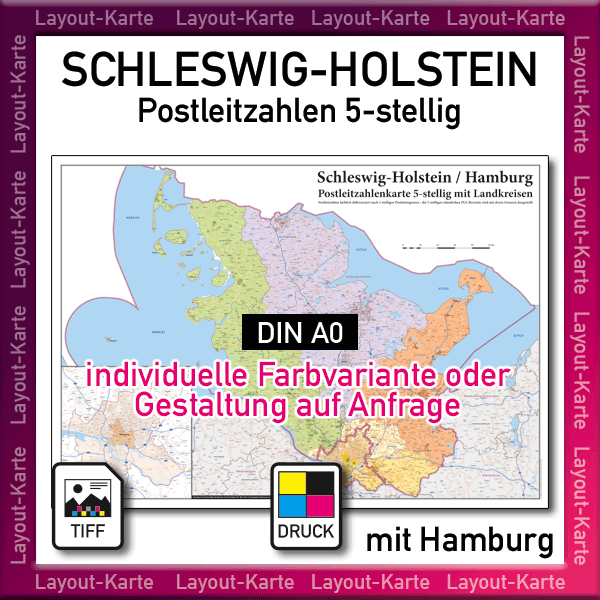 Karte Postleitzahlen Schleswig-Holstein Hamburg Landkarte Wandkarte zum selber Drucken PDF TIFF Vektordaten PLZ-Karte Schleswig-Holstein mit Landkreisen Gemeindenamen