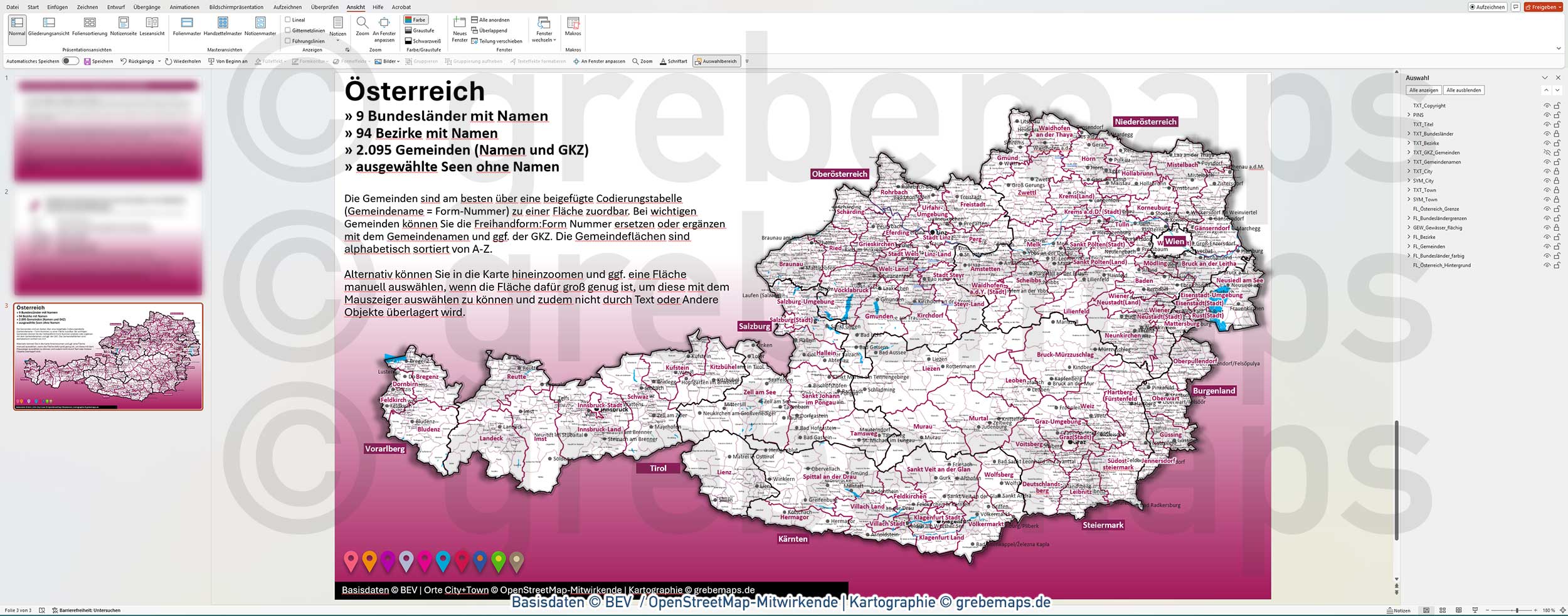 PowerPoint-Karte Österreich Austria Gemeinden Bezirke Bundesländer Landkarte Vektorkarte Flächen einzeln editierbar einfärbbar bearbeitbar