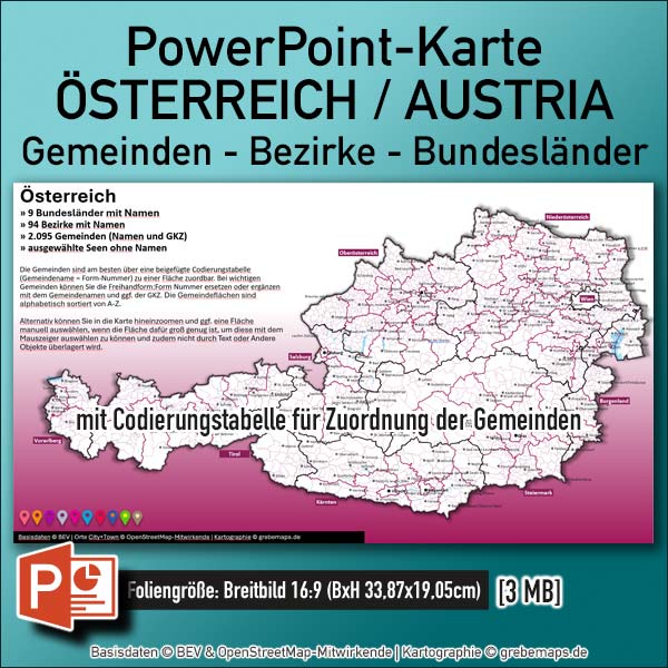 PowerPoint-Karte Österreich Austria Gemeinden Bezirke Bundesländer Landkarte Vektorkarte Flächen einzeln editierbar einfärbbar bearbeitbar