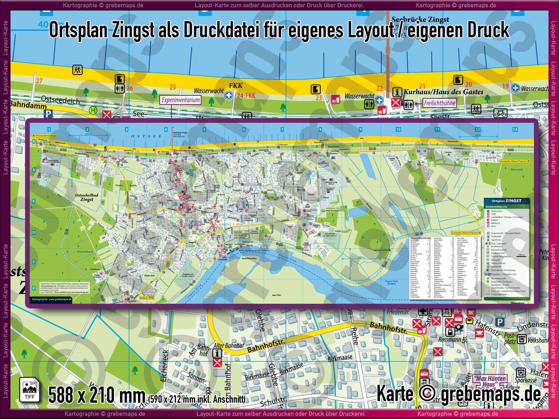 Ortsplan Zingst, Zingst Ortsplan, touristische Karte Zingst mit Straßenverzeichnis Straßennamen POIs, TouristMap Zingst, Karte Zingst, Stadtplan Zingst, Landkarte Zingst, Ortsplan Zingst Druck Druckdatei Ausdrucken Layout
