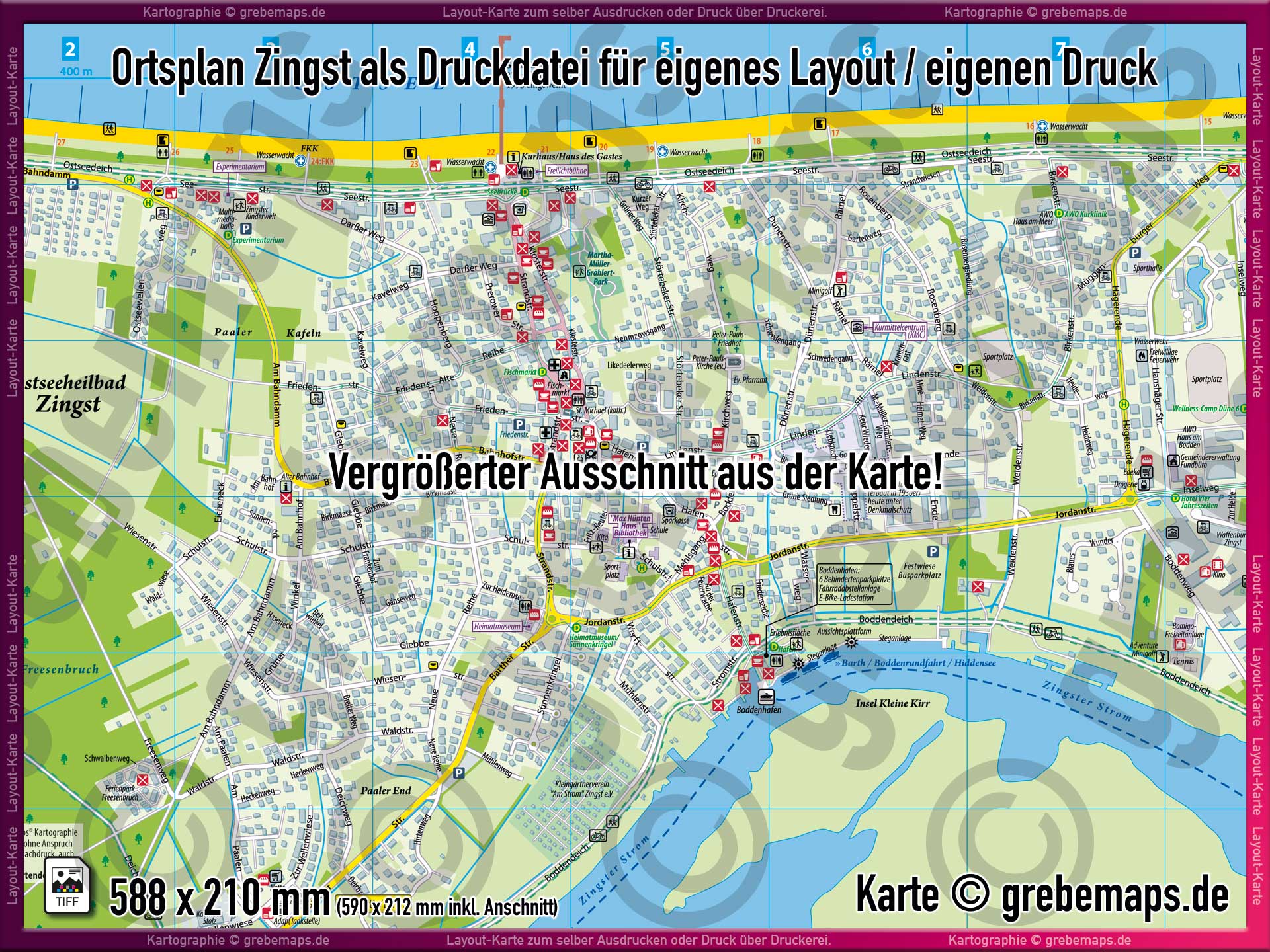 Ortsplan Zingst, Zingst Ortsplan, touristische Karte Zingst mit Straßenverzeichnis Straßennamen POIs, TouristMap Zingst, Karte Zingst, Stadtplan Zingst, Landkarte Zingst, Ortsplan Zingst Druck Druckdatei Ausdrucken Layout