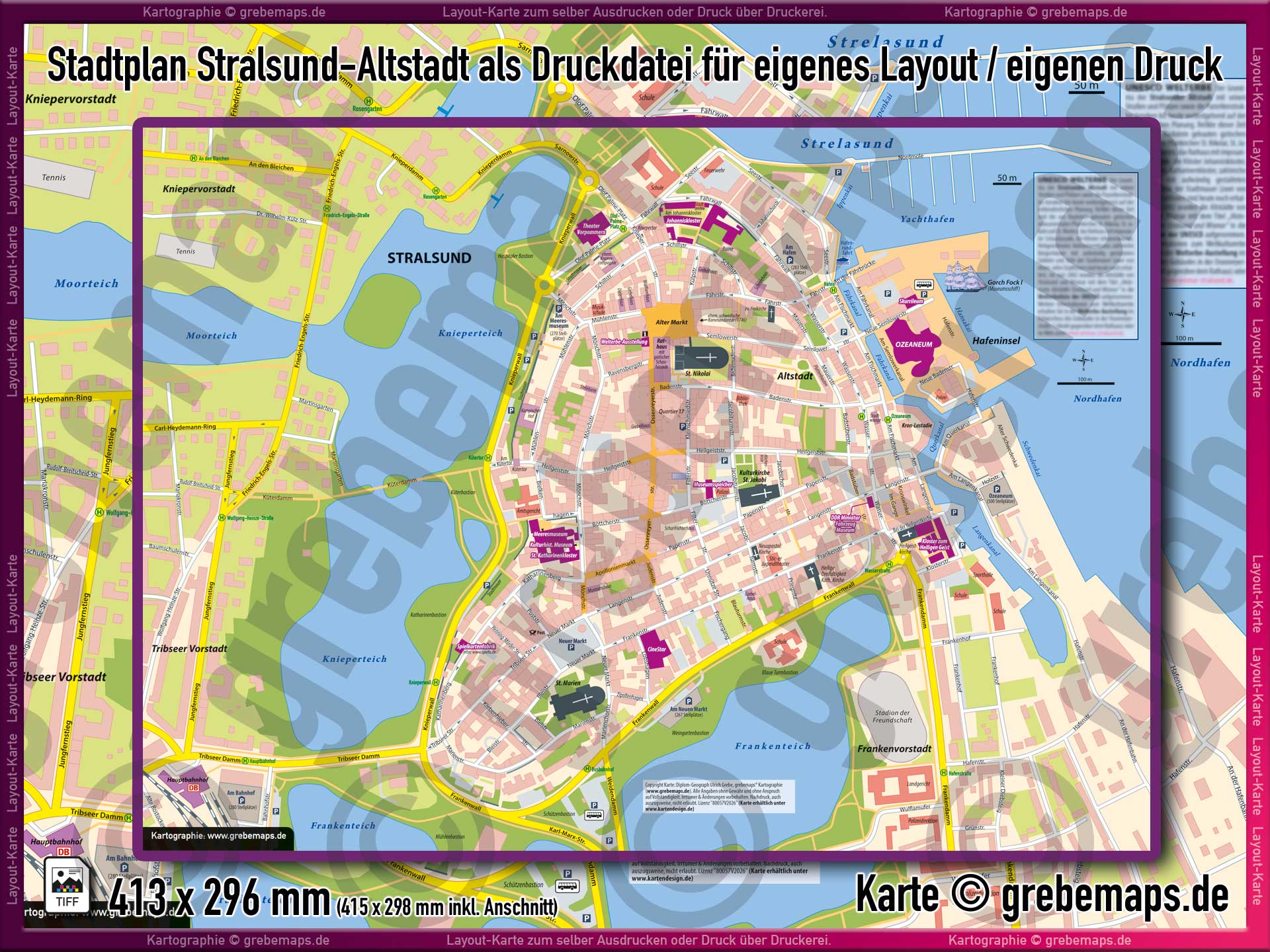 Stadtplan Ortsplan Stralsund-Altstadt für Druck als Druckdatei TIFF Landkarte Karte Lageplan Stadtkarte als Download