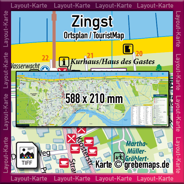 Ortsplan Zingst, Zingst Ortsplan, touristische Karte Zingst mit Straßenverzeichnis Straßennamen POIs, TouristMap Zingst, Karte Zingst, Stadtplan Zingst, Landkarte Zingst, Ortsplan Zingst Druck Druckdatei Ausdrucken Layout