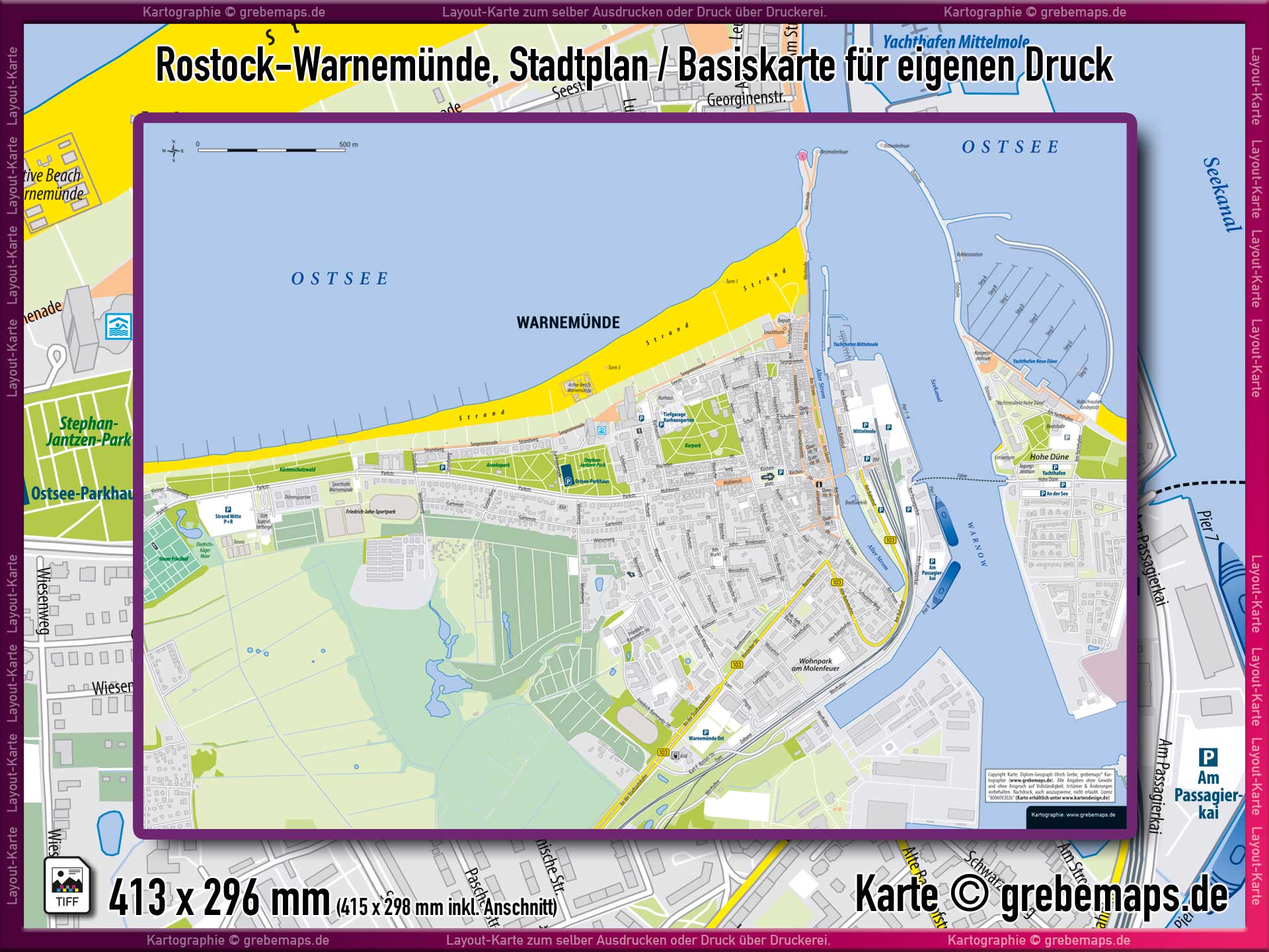 80060_stadtplan_ortsplan_rostock_warnemuende_karte_landkarte_drucken_druckdatei_01 Stadtplan Rostock-Warnemünde, Ortsplan, Karte Warnemünde, Druckvorlage Druckdatei TIFF Vektor PDF Druck Drucken Basiskarte für touristische Zwecke