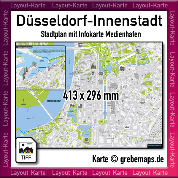 Stadtplan Düsseldorf-Innenstadt, Stadtplan Düsseldorf-City, Karte Düsseldorf-Stadtmitte, Stadtplan Düsseldorf-Zentrum, Druck, download Druckdatei, TIFF, zum Drucken, Druckvorlage, Infokarte Medienhafen, Karte Medienhafen, Basiskarte