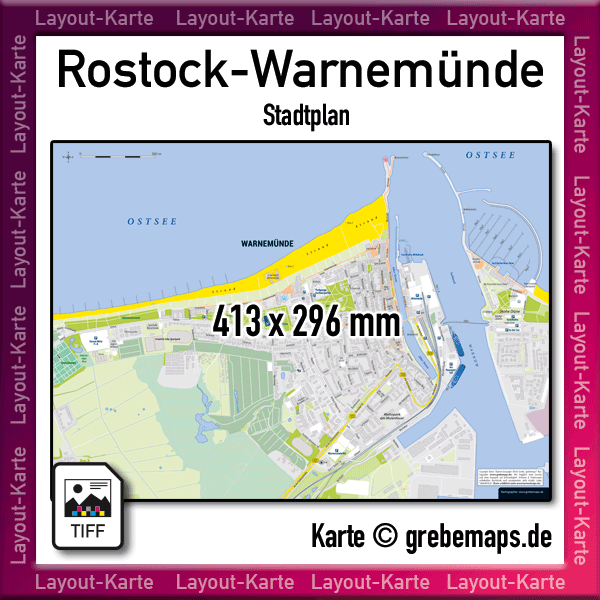 Stadtplan Rostock-Warnemünde, Ortsplan, Karte Warnemünde, Druckvorlage Druckdatei TIFF Vektor PDF Druck Drucken Basiskarte für touristische Zwecke